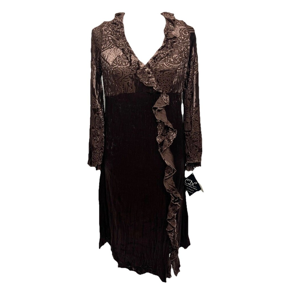 VTG Velour Ruffle Dress Sz. 12 NWT Brown Whimsigoth Dark Romantic Rampage 90’s
